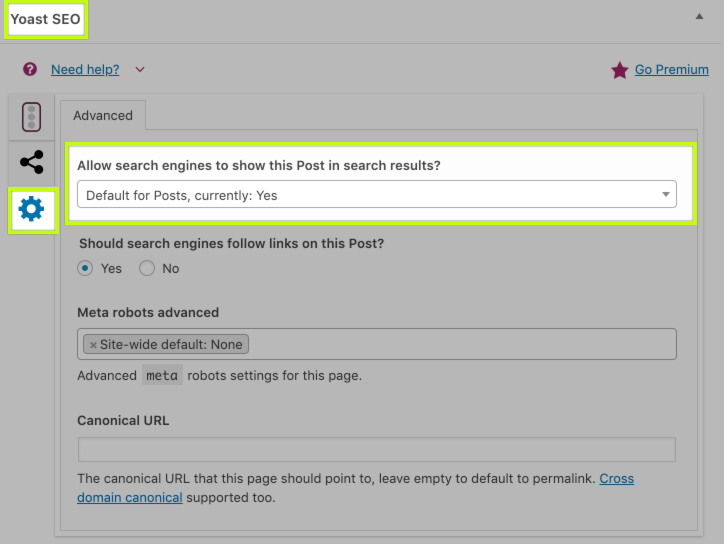 WordPress Yoast SEO: allow search engines to show a post in search results - index/noindex