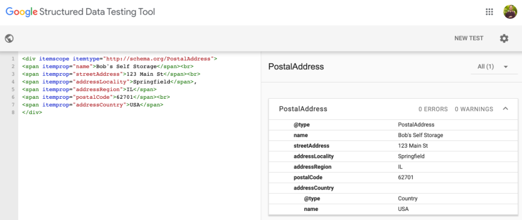 Structured data / location schema showing correctly formatted location mark-up.