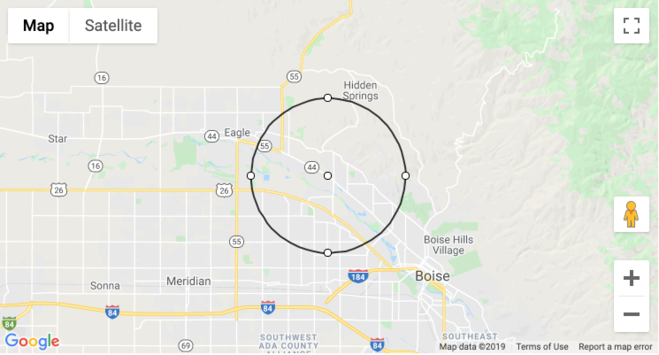 A map of a self storage facility showing a 3 mile radius around it.