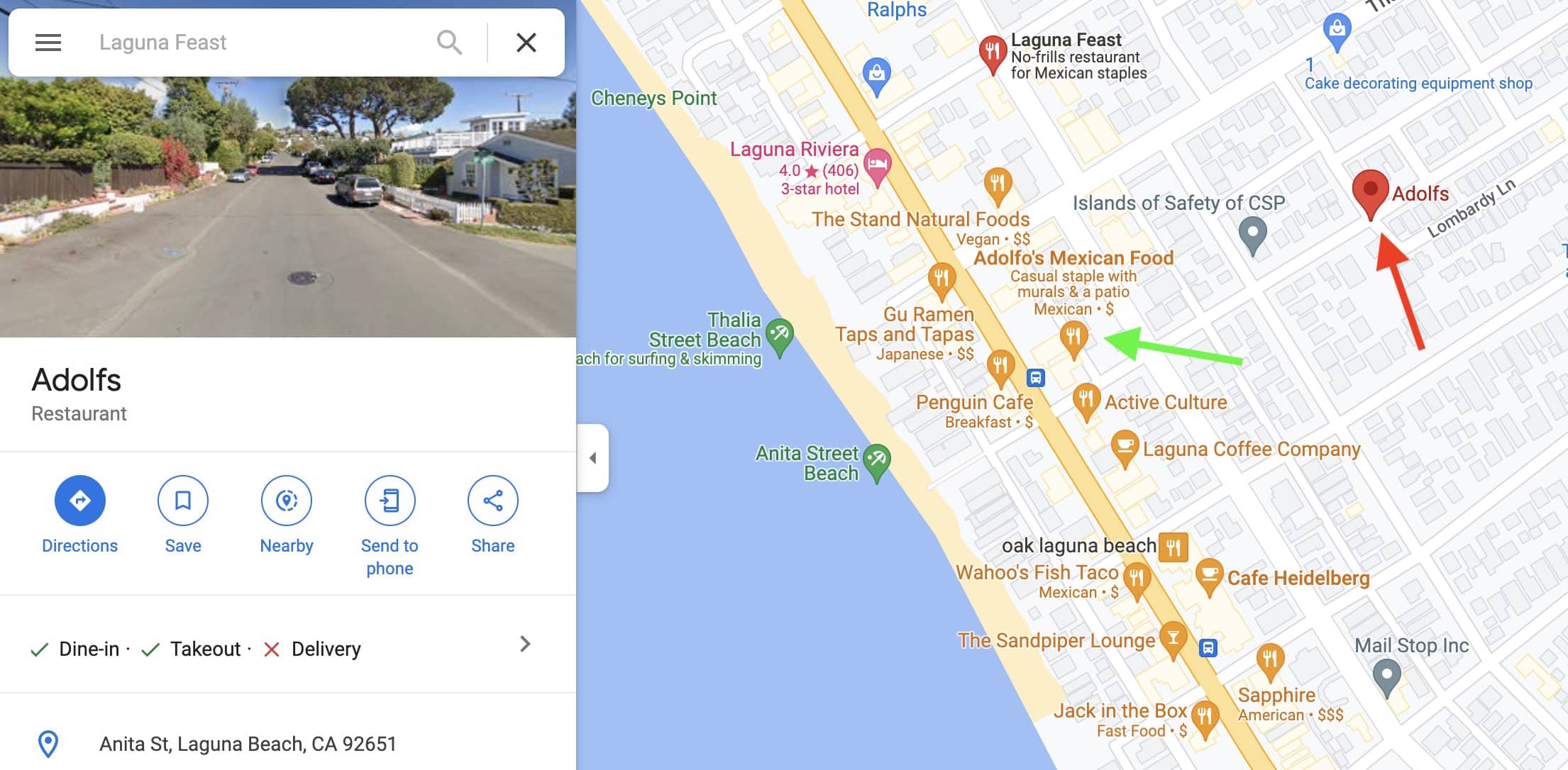 Google Maps bad data for Adolfo's restaurant in Laguna Beach