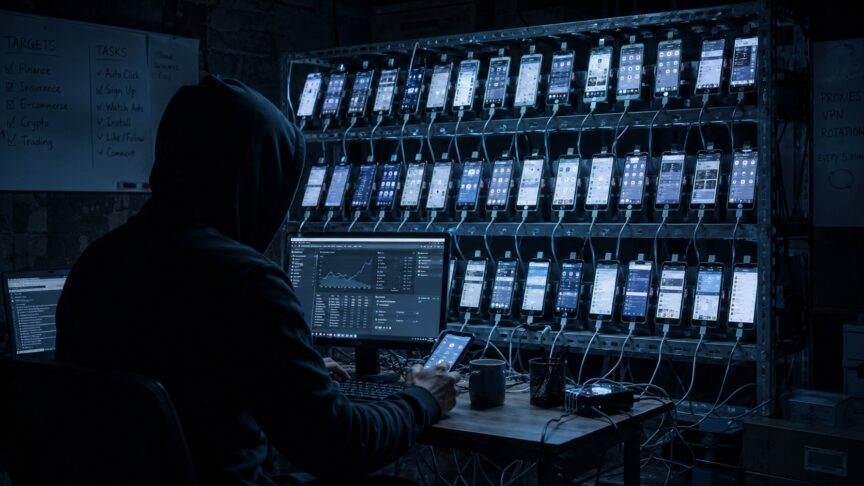 Click fraud demonstrated by a phone bank operator with a hundred phones on a rack.